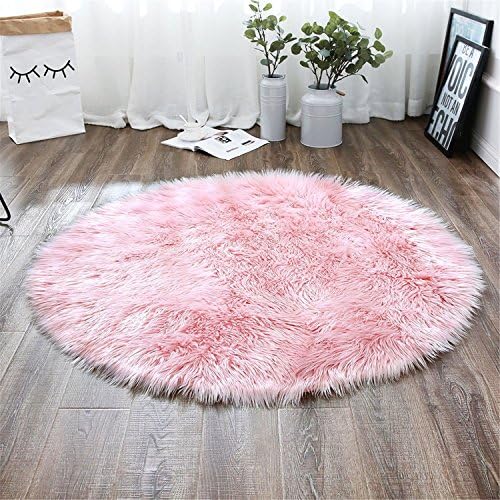 dzkj Plush Sheepskin Throw Rug Faux Fur Elegant Chic Style Cozy Shaggy Floor Mat Area Rugs Home Decorator Super soft Carpets Kids Play Rug, Round Area Shag Rug 1 ft Diameter (30cm Diameter, Pink)