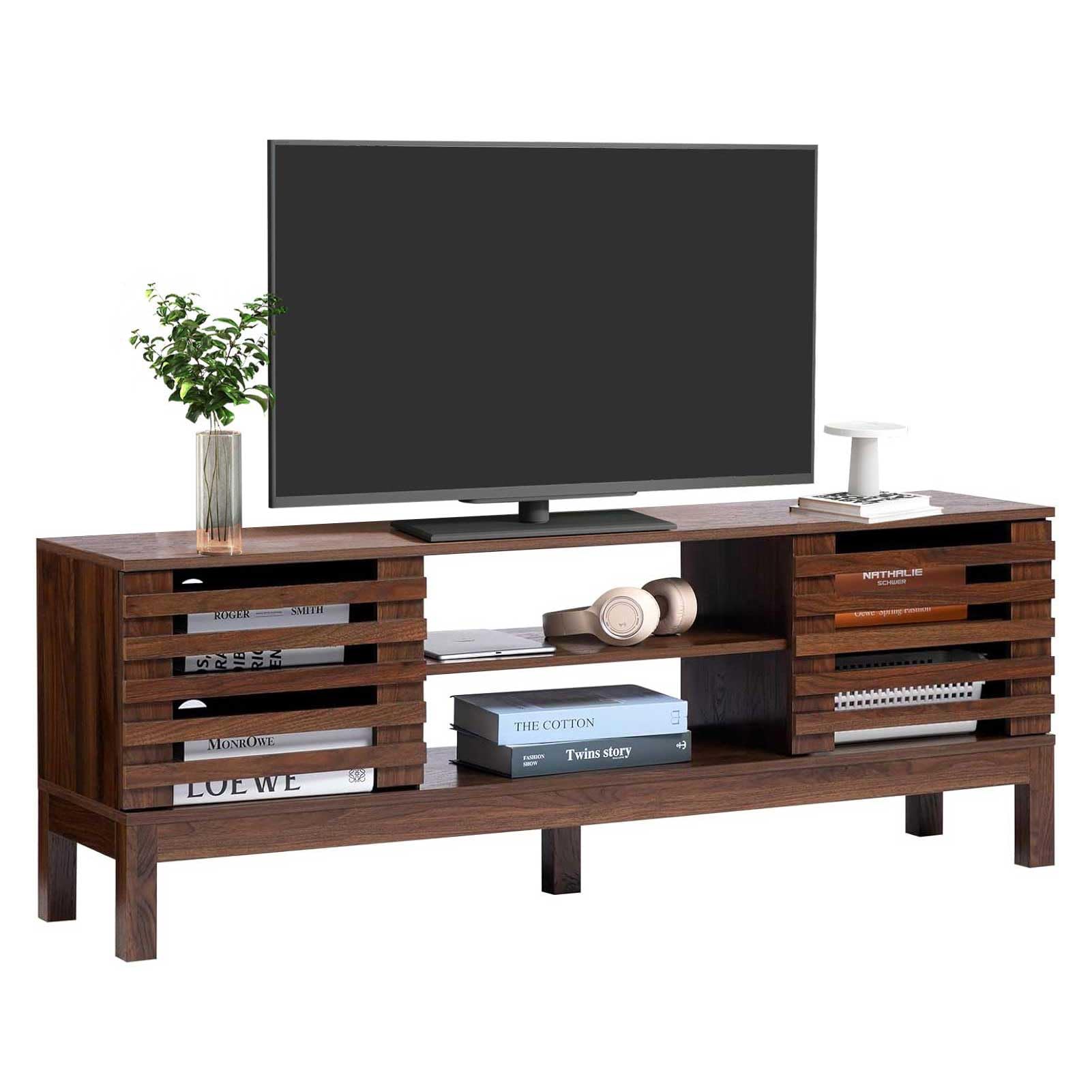 Photo 1 of HollyHOME Wood TV Stand for TVs up to 65", Mid Century TV Stand with Storage, Modern Entertainment Center with Fence Door, Accent TV Media Console Table for Living Room, 53"(L), Retro Brown