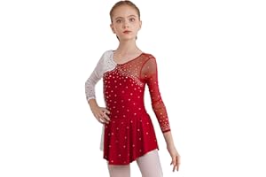 JEATHA Kids Girls Figure Ice Skating Dress Leotard Gymnastics Long Sleeve Color Block Mesh Rhinestones Dance Costume