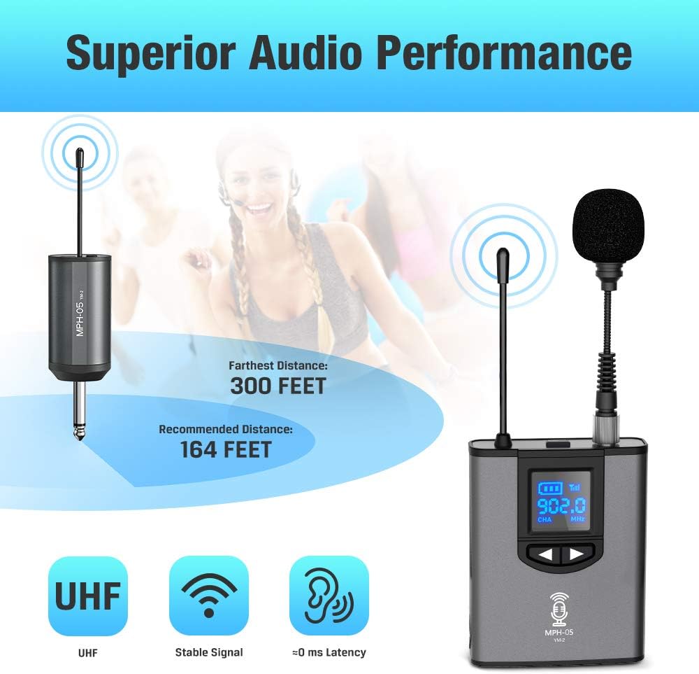 UHF Wireless Microphone System Headset Mic/Stand Mic/Lavalier Lapel Mic with Rechargeable Bodypack Transmitter & Receiver 1/4" Output for iPhone, PA speaker, DSLR Camera, Recording, Teaching: Musical Instruments