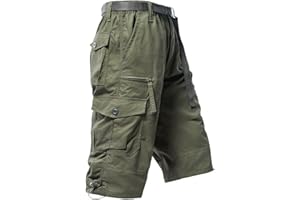 Mylldey Men's Cargo Shorts 3/4 Relaxed Fit Mens Running Shorts 7 Pockets Elastic Waist Cotton Hiking Shorts