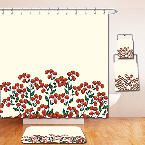 Nalahome Bath Suit: Showercurtain Bathrug Bathtowel Handtowel Nature Red Clusterberries in Bush Leaves Garden Christmas Theme Image Print Olive Green Red and Peach