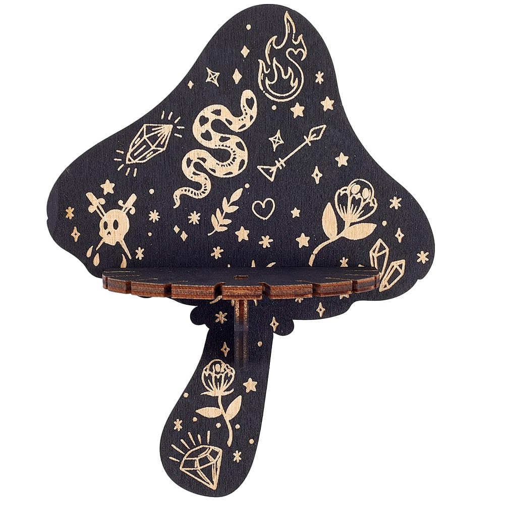 CREATCABIN Crystal Shelf Display Wooden Wall Crystal Shelf Mushroom Floating Shelves Dowsing Pendulum Holder Stand Rustic Witchy Stuff Storage for Hanging Stones Rock Spiritual Gifts 7.51x5.91Inch