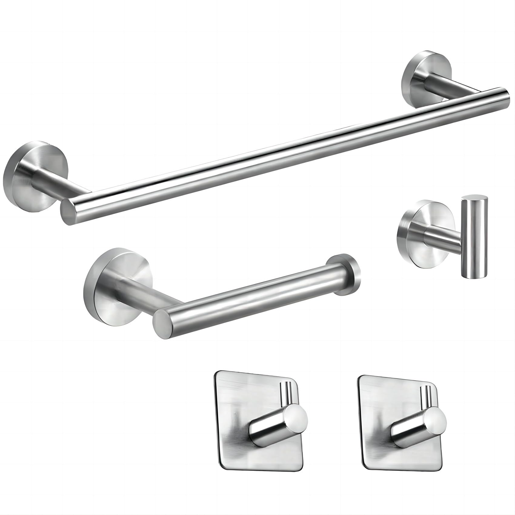 Yozhch Bath Hardware Set - Wall Mounted Towel Rail and Toilet Roll Holder, 3 Robe Hooks, 5 Pcs Stainless Steel, 40cm Towel Bar (Brushed Silver)