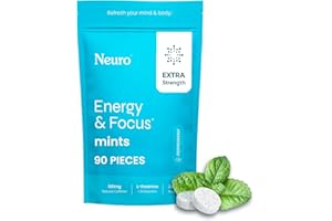 NEUROGUM Neuro Energy & Focus Mints, Extra Strength - Sugar Free Breath Mints with 100mg Natural Caffeine, B Vitamins & L-Theanine - Vegan Brain Supplement for Exercise, Study & Daily Focus - Peppermint, 90 ct