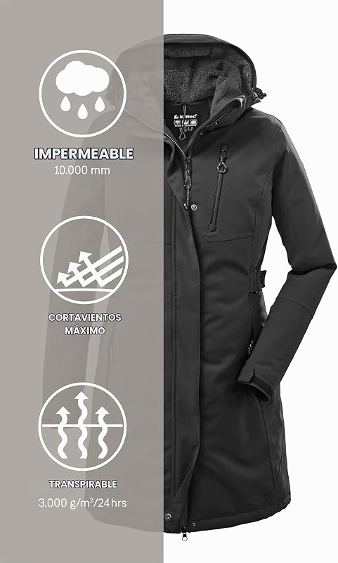 Parka funcional feminino com capuz com fecho - KOW 165 WMN PRK, Preto, Tamanho 38