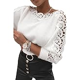 CHICWISH Women Lace Trim Fuzzy Knit Sweater Fall Casual Crewneck Crochet Lace Long Sleeve Soft Pullover Sweaters Tops