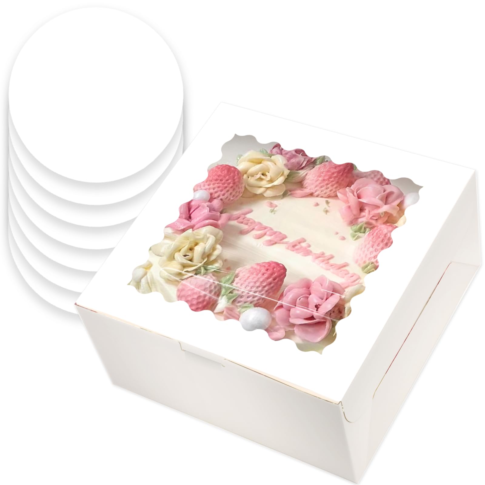 Photo 1 of qiqee 10x10x5 Cake Box, 4 Sets White Cake Box with Window ? 4 Sets 10" White Cake Round Boards, 10inch Cake Containers
