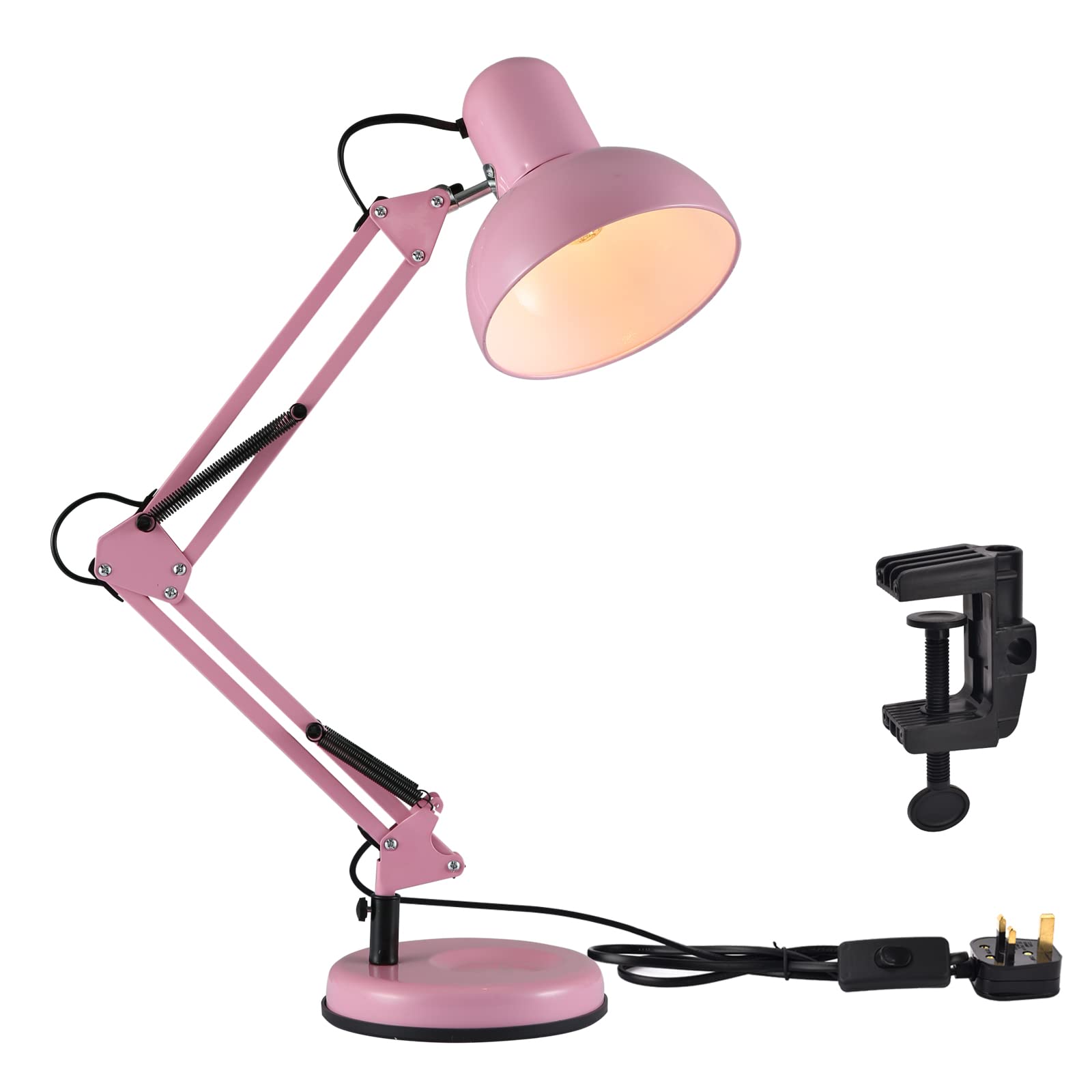 TEKLED® LED Desk Lamp | Adjustable Swing Arm | Replaceable E27 Edison Screw Bulb Holder | Flexible Table Clamp | for Bedside Reading Office Work Architects Students (Swing Arm Pink)