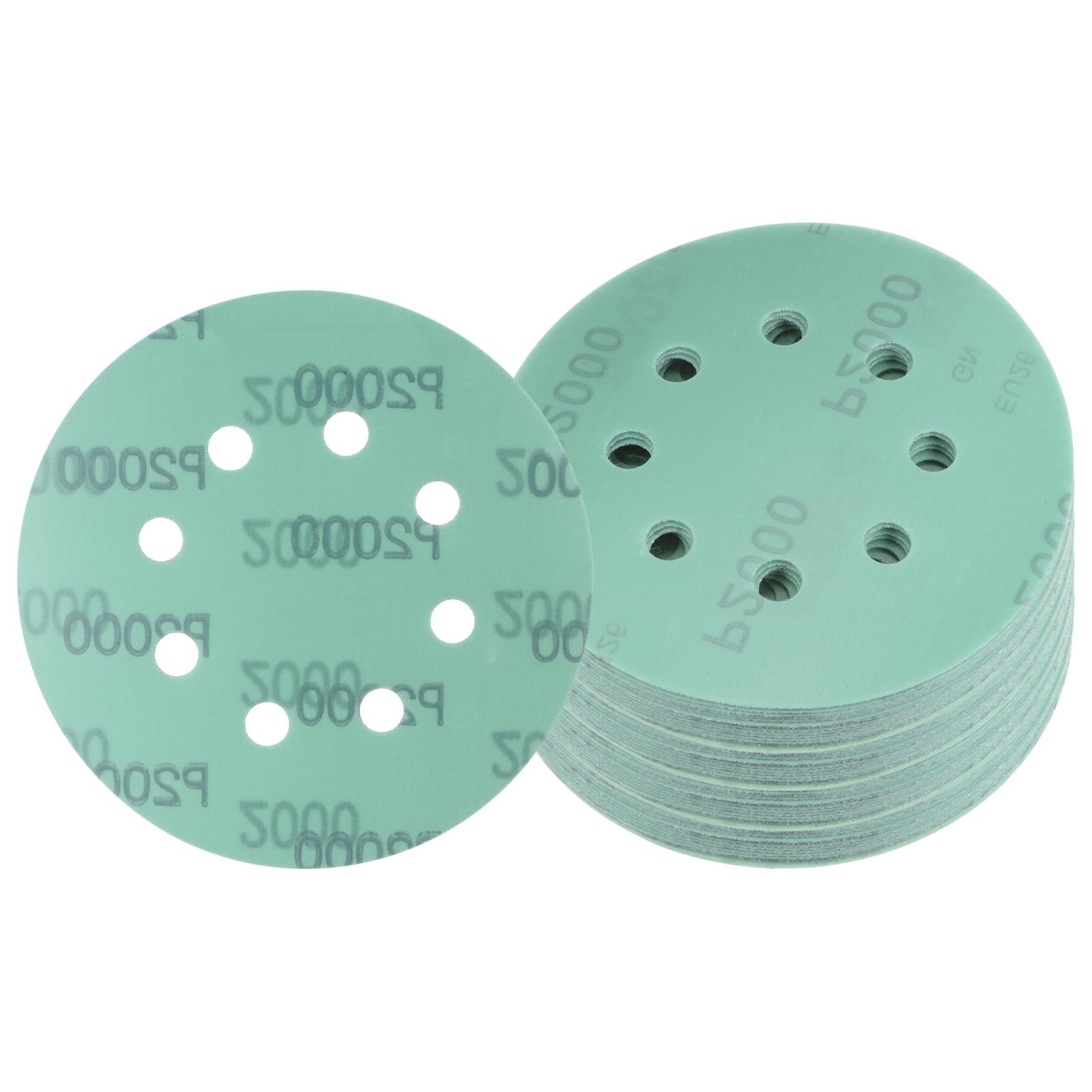 Kozelo 50pcs Green Film Sanding Discs - [5 Inch 2000 Grits 8 Hole ] Round Aluminum Oxide Hook & Loop Wet Dry Sander Pads for Wood Metal Polishing Use| Zirconium Corundum Sandpaper