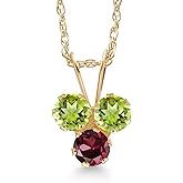 Gem Stone King 14K Yellow Gold Green Peridot and Red Rhodolite Garnet 3-Stone Pendant Necklace For Women (0.36 Cttw, Gemstone August Birthstone, Round 3MM, 18 Inch Chain)