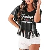 Vintage Cowboy T-Shirt Women Country Concert Fringe Tassel Tops Retro Western Cowgirl Shirt Casual Short Sleeve Tee
