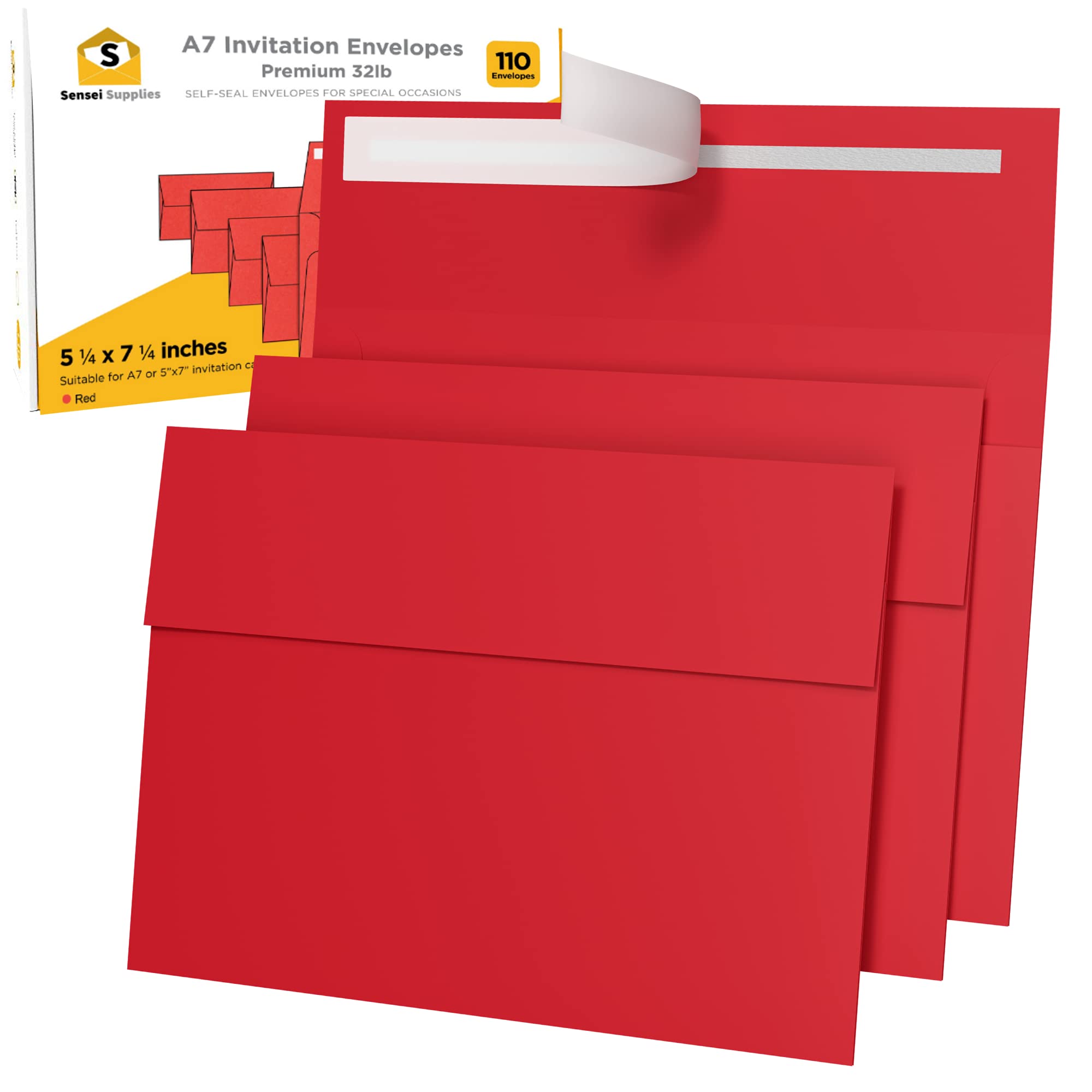 Photo 1 of 110 5x7 Red Invitation Envelopes - for 5x7 Cards - A7 - (5 ¼ x 7 ¼ inches) - Perfect for Weddings, Graduations, Baby Showers - 120 GSM - 32lb/80lb Text - Peel, Press & Self Seal - Square Flap
