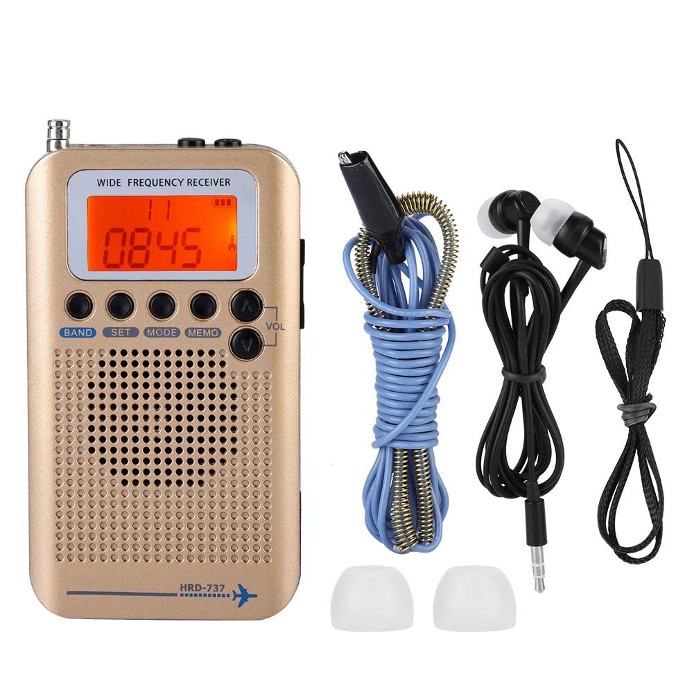 Air Band Radio Receiver AIR FM AM CB SW VHF Full Band Hand-held Aircraft Digital Travel Radio with Extended Antenna Build in Battery Wide Frequency LCD Display with Alarm, Earphones (Gold)