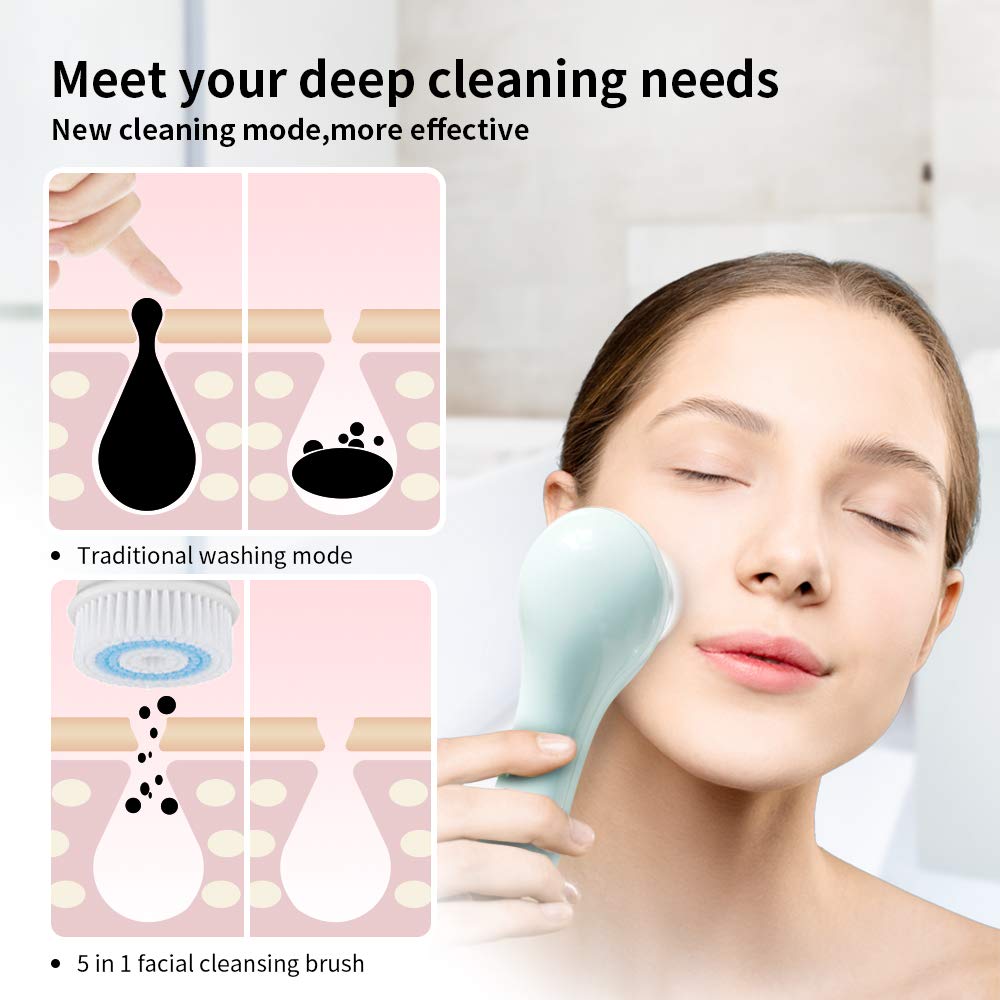 MALKERT Facial Cleansing Brush with 5 Brush Heads, 3 Modes Skin Care Brush Device, Electric Rechargeable Waterproof Face Spin Brush, Massager for Deep Cleansing and Scrubbing, Exfoliating: Beauty
