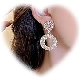 W WEILIRIAN Boho Crystal Circle Dangle Earrings for Women Rhinestone Circle Drop Earrings Gold Hollow Circle Earrings Statement Geometric Earrings Sparkly Dangle Earrings Jewelry for Girls