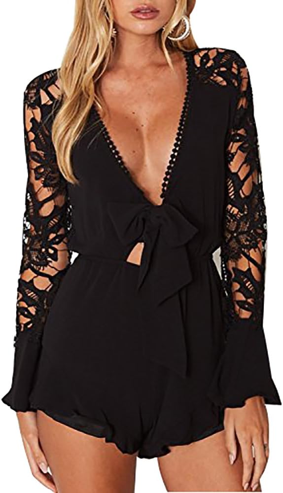 RUIGO Women's Lace Trim Deep V Neck Sexy Long-Sleeved Lotus Chiffon Jumpsuit Romper Playsuit