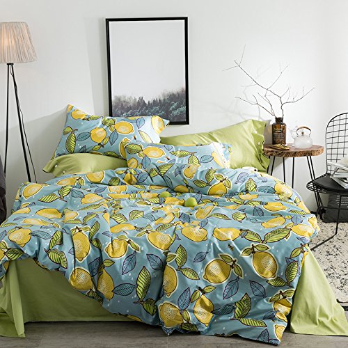 Papa&amp;Mima Green Lemon Duvet Cover Set Flat Sheet Pillow Cases 800TC Soft Egyptian Cotton Fabric Print 4Pcs King Size Bedding Sets