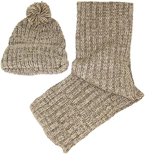 GMI Kids 2 Piece Variegated Color Rib Knit Pom Pom Hat &amp; Scarf Set (One Size) - Tan/Khaki