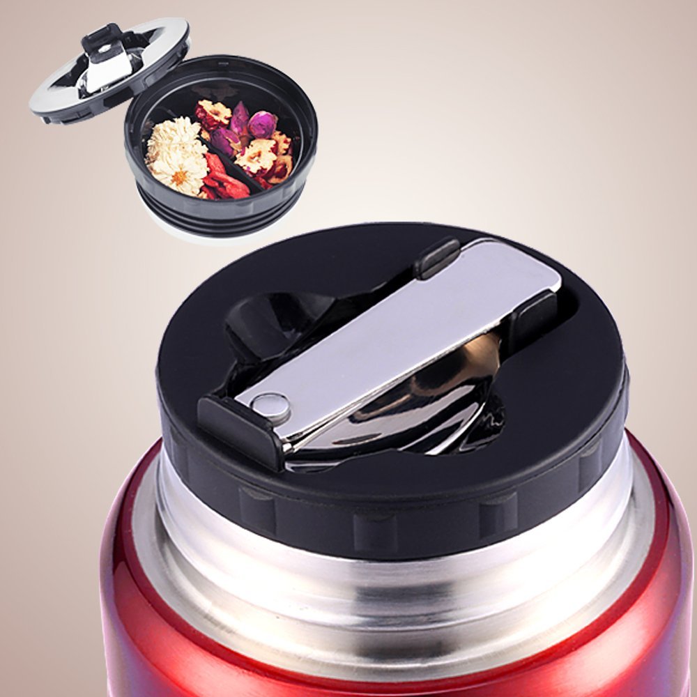 SOMIGA Insulated Stainless Steel Food Jar with Folding Spoon,Bag-Vacuum Double Walled BPA Free,Unbreakable,Leak Proof, Hot and Cold Preservation 17 OZ Storage Container (Red)