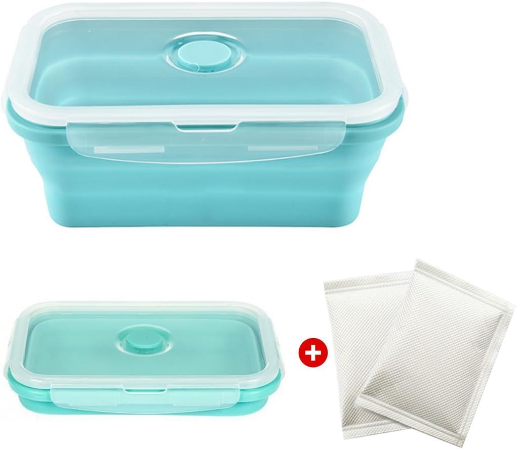 JINCH Silicone Flameless Cooker Collapsible Lunch Box Food Storage Containers with 2 Heating Pack for Camping Fishing Travel, Blue Heated Lunch Box