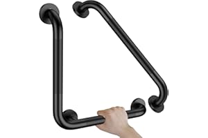 16 Inch L-Shaped Black Bathroom Grab Bars with 20 Inch Straight Munzong Toilet Handicap Grab Rail,Anti Slip Stainless Steel Knurled Safety Handle Support Elderly Injury Senior