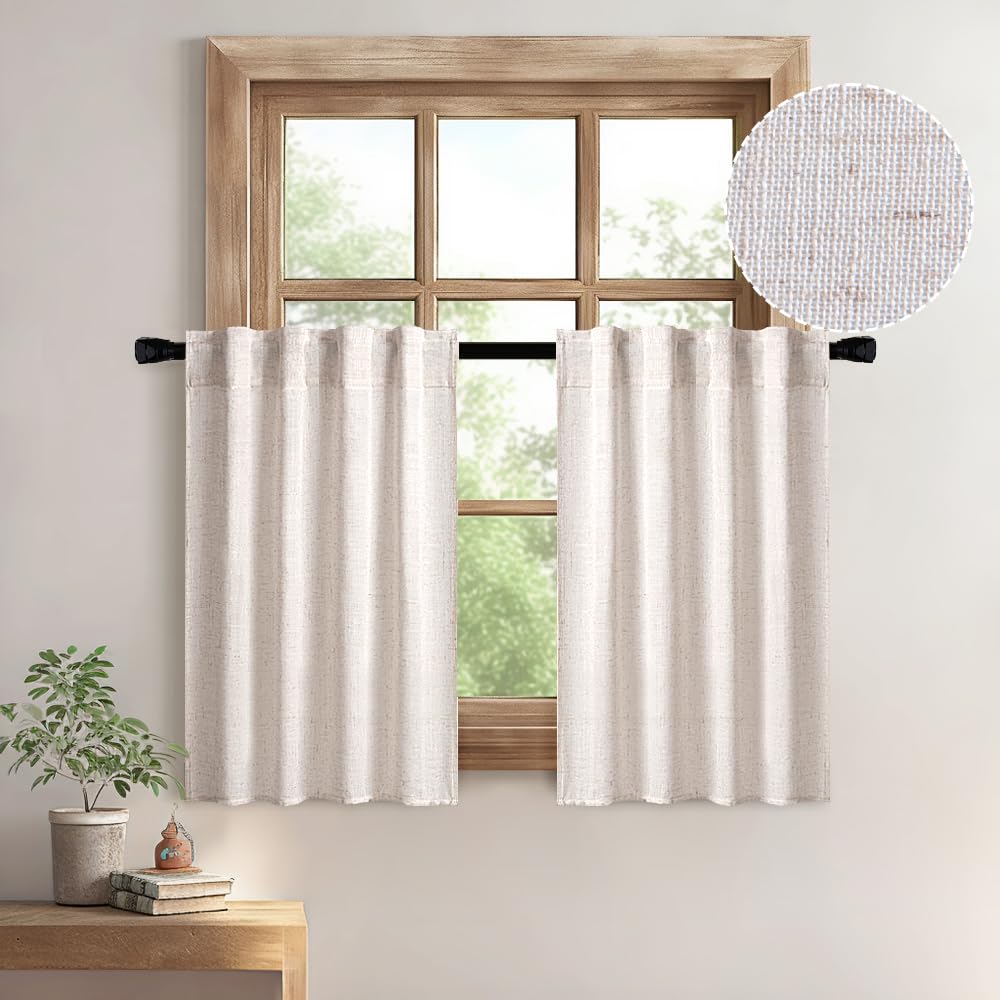 Photo 1 of MIULEE Farmhouse Kitchen Curtains 24 Inch Length 2 Panels, Soft Thick Linen Textured Natural White Semi Sheer Light Filtering Short Cafe Tier Curtains for Small Half Window Back Tab Rod Pocket