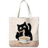 LIANGW Cute Black Cat Canvas Tote Bag Aesthetic Flowers Reusable Shopping Grocery Bags Birthday Gifts for Women & Teen Girls