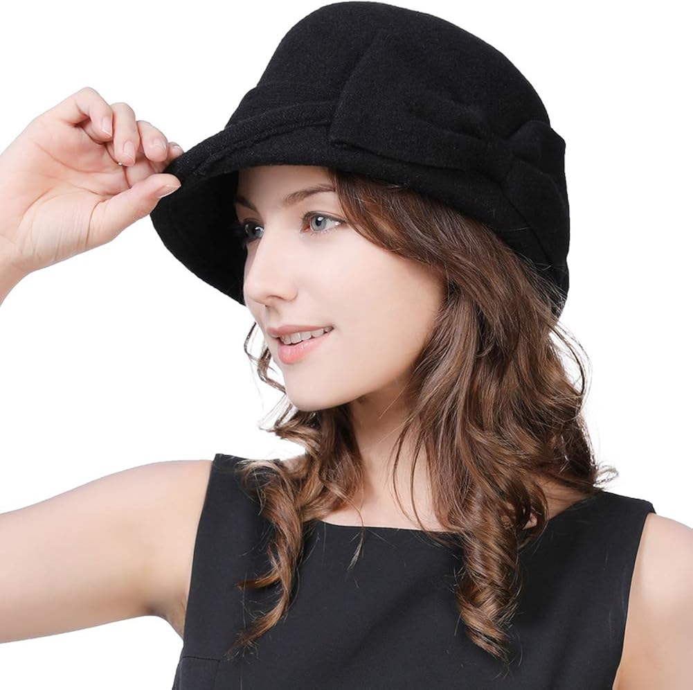 Womens Black Vintage Wool Felt Cloche Bucket Hat Winter Bowler Cap Packable at  Women’s Clothing store