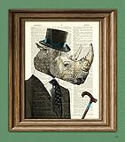 Sir Saggy Skin Gentleman Rhinoceros Rhino with fancy hat and cane over an upcycled vintage dictionary page book art print