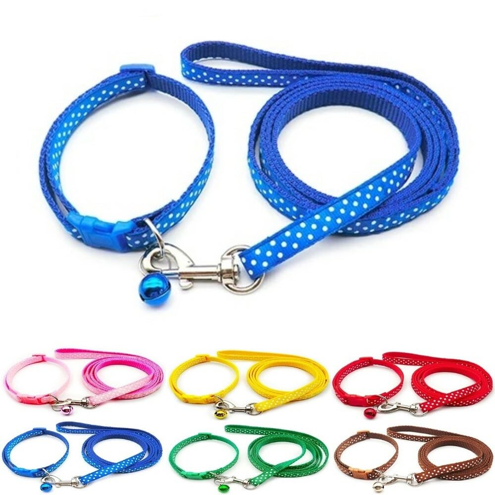 Small Dog Puppy Pet Collar and Lead Set Spot Dot Design Nylon Adjustable Size 19-32cm Collar with Bell and 120cm Leash Blue