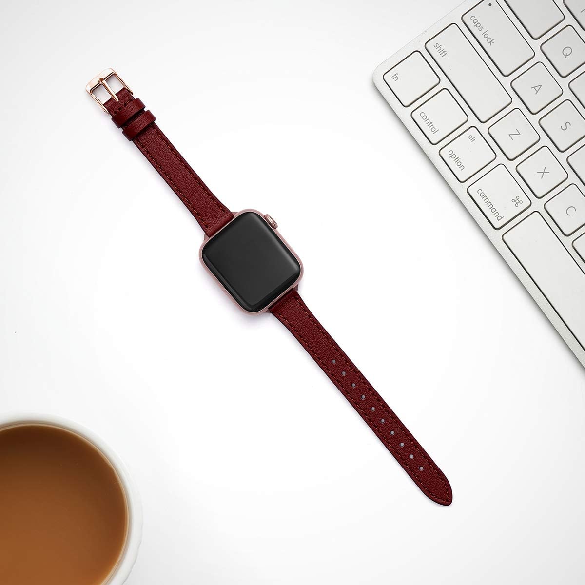 SUNFWR Compatible with Apple Watch Strap 38mm 40mm 41mm,Genuine Leather Strap Replacement,Slim&Thin Wristband for iwatch Series 7/6/5/4/3/2/1,SE(38mm 40mm 41mm,Wine red&Rosegold) - Image 5