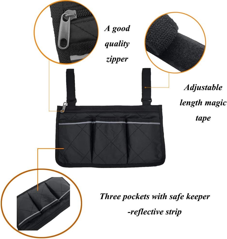 Wheelchair Armrest Accessories, Side Bags to Hang on Side with Bright Line Waterproof Black Walker Storage Pouches for Home/Outdoor/Baby Cart (Black Side): Health & Personal Care
