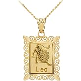 Fine 14k Yellow Gold Filigree-Style Rectangular Frame Leo Zodiac Sign Pendant Necklace