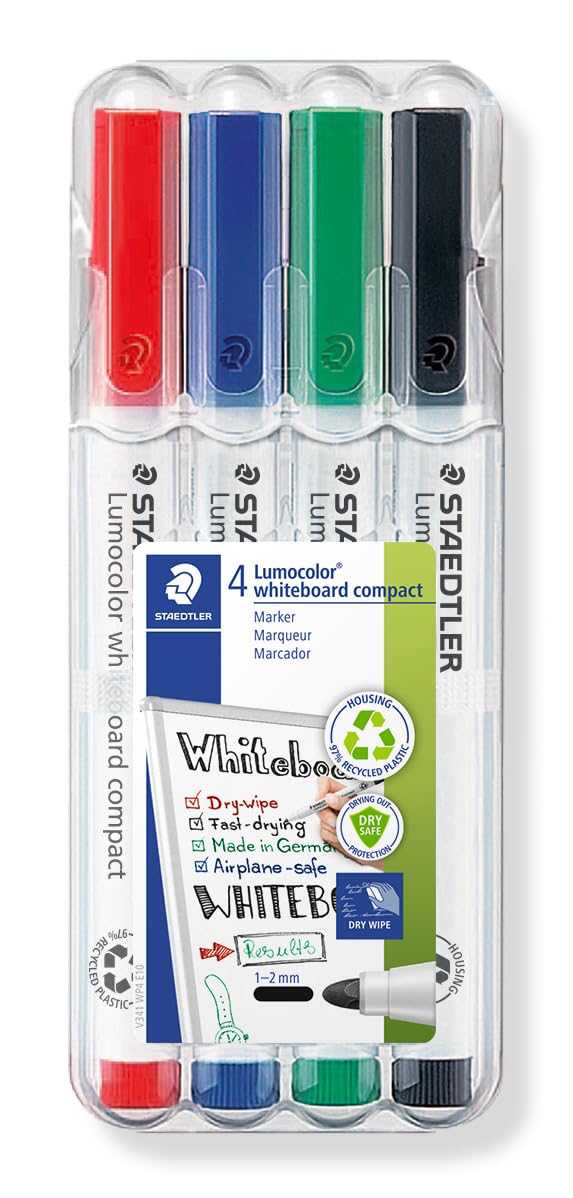 STAEDTLER 341 WP4 Lumocolor Compact Whiteboard Marker, 1-2mm Line Width - 4 Assorted Colours (Pack of 4)