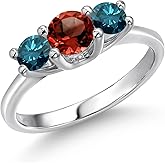 Gem Stone King 14K White Gold Red Garnet & Blue Diamond 3-Stone Engagement Ring | 1.09 Cttw | Round 5MM and 4MM | 3 Stone Wedding Anniversary Promise Ring For Women