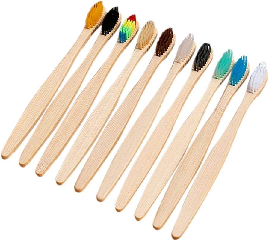 Bamboo Toothbrush for Adults and Teenagers | 10 × Biodegradable Tooth Brush Set | Organic Eco-Friendly Moso Bamboo with Ergonomic Handles and Medium Nylon Bristles Soft Toothbrush