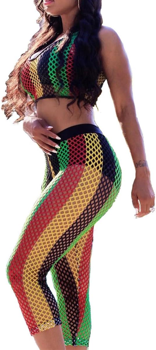 Womens Sexy 2 Pieces Stripe Fishnet See-Through Crop Tops Bodycon Capri Pants Party Clubwear Tracksuit Outfit Set