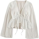Floerns Women's Sheer Tie Front Flowy Sleeve Blouse Asymmetrical Ruffle Hem Flared Blouse