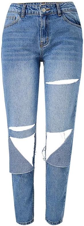 Amazon Co Jp ジーンズ レディース 女性のハイウエストのルーズストレートジーンズクロップドパンツの膝の穴は春夏オール一致ジーンズを洗浄します Color Blue Size 27 ホーム キッチン