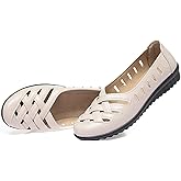 WENOREG Women's Leather Hollow Slip on Soft Flats,Summer Round Toe Comfortable Breathable Lazy Non Slip Walking Loafers Non-Slip Work Shoes