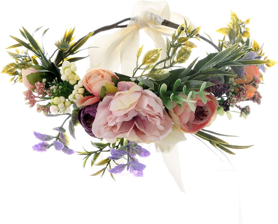 UUPP Bridal Flower Headband Artificial Flower Crown Wreath Headpiece with Adjustable Ribbon for Wedding Festivals