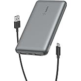 Belkin Portable Charger, USB C Power Bank 10000 mAh w/ 2xUSB-A Ports, 15W w/Type-C to Type-A Cable for iPhone 17, Air, Pro, Samsung Galaxy S25, iPad, Nintendo Switch 2, Google Pixel 10, etc. - Gray