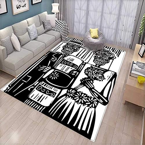 Day of The Dead Anti-Skid Rugs Woodcut Style Skeleton Couple Wedding in Cemetery Image with Bride Groom Girls Rooms Kids Rooms Nursery Decor Mats Black White