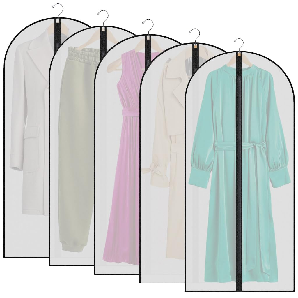 Garment Bags,5PCS Dustproof Garment Covers PEVA Translucent Clothes Covers with Zip Moth Proof Suit Protector Bags Waterproof Dress Covers for Shirts Coats Costumes (60X120cm)