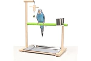 Acsist Bird Playground Parrot Playstand Bird Perch Stand Gym Natural Wood Play Stand with Feeder Cups for Parakeets Cockatiels Lovebirds Conures Budgie