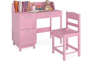 HONEY JOY Kids Desk and Chair Set, Wooden Children School Study Table and Chair w/Drawer, Storage Shelf & Cabinets, Student C