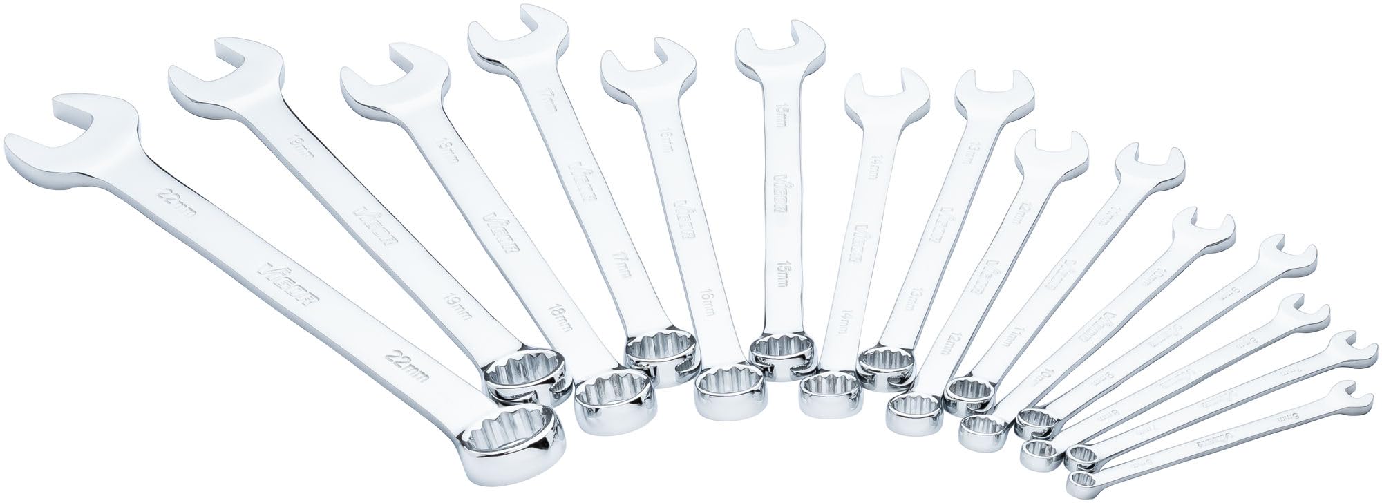 Vigor Combination Spanner Set V7740/15, 15 Pieces, Long Design, Offset 15 Degrees, 6-22 mm, Outside Hexagonal and Double Hexagonal Profile, Chrome-Plated and Polished