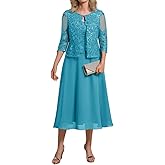 Teplpce 2 Piece Mother of The Bride Dresses Tea Length Chiffon Lace 3/4 Sleeves Mother of The Groom Dresses with Jacket