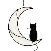 HAOSUM Black Cat On White Moon Stained Glass Window Hangings Ornament,Cat Memorial Gifts, Themed Gifts for Cats Lovers
